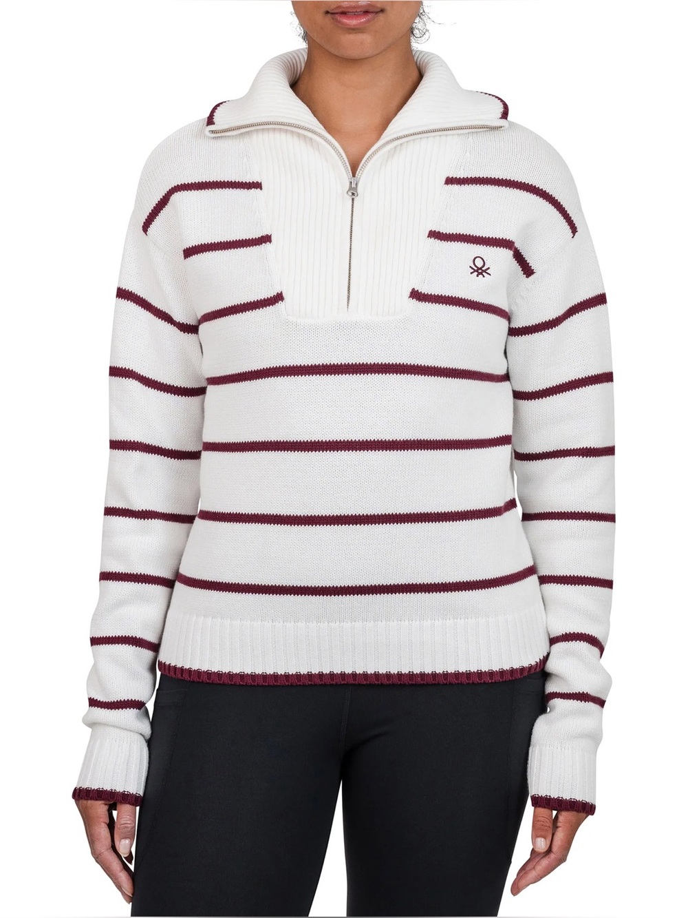 UNITED COLORS OF BENETTON White and Burgundy Striped 1/4 100% Cotton Sweater